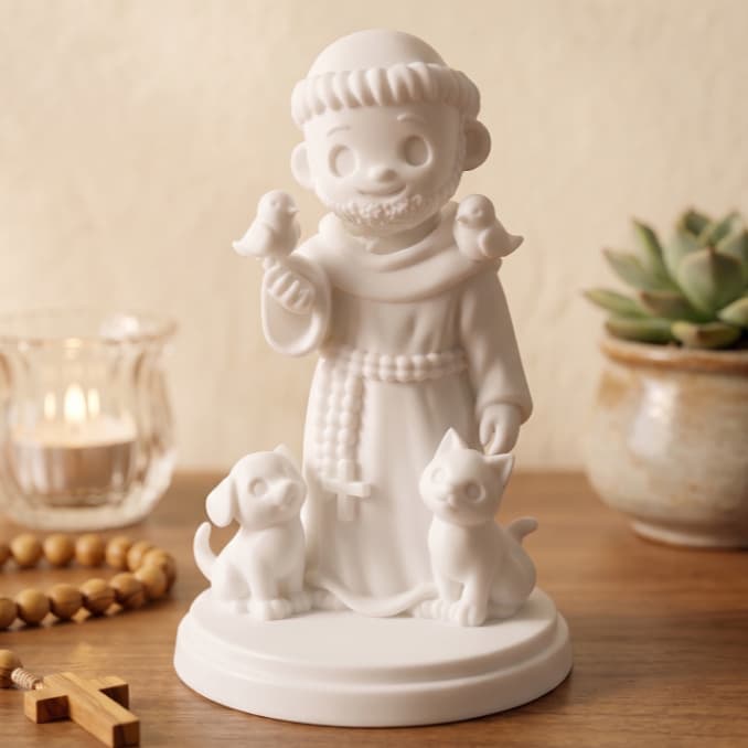 Escultura São Francisco com Cachorro e Gato Decoração Religiosa Enfeite Proteção e Paz para o Lar