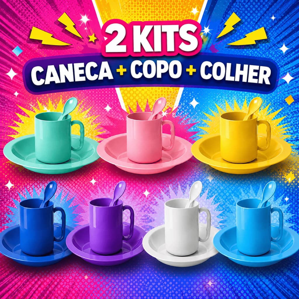 2 Kits merenda refeição escolar casa caneca prato colher infantil idoso introdução alimentar