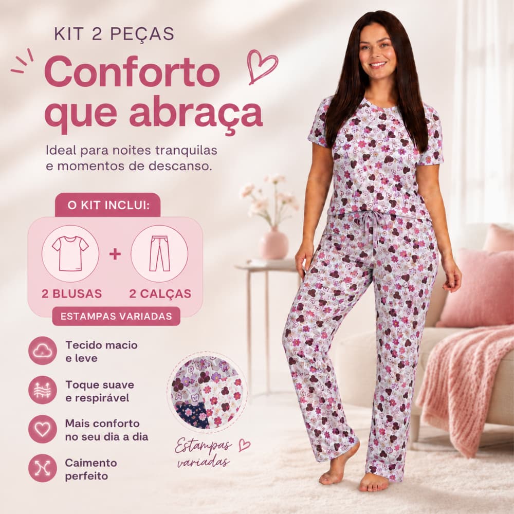 Kit 2 Pijama Feminino Longo Estampado Suede Premium Manga Curta Calça Longa Confortável