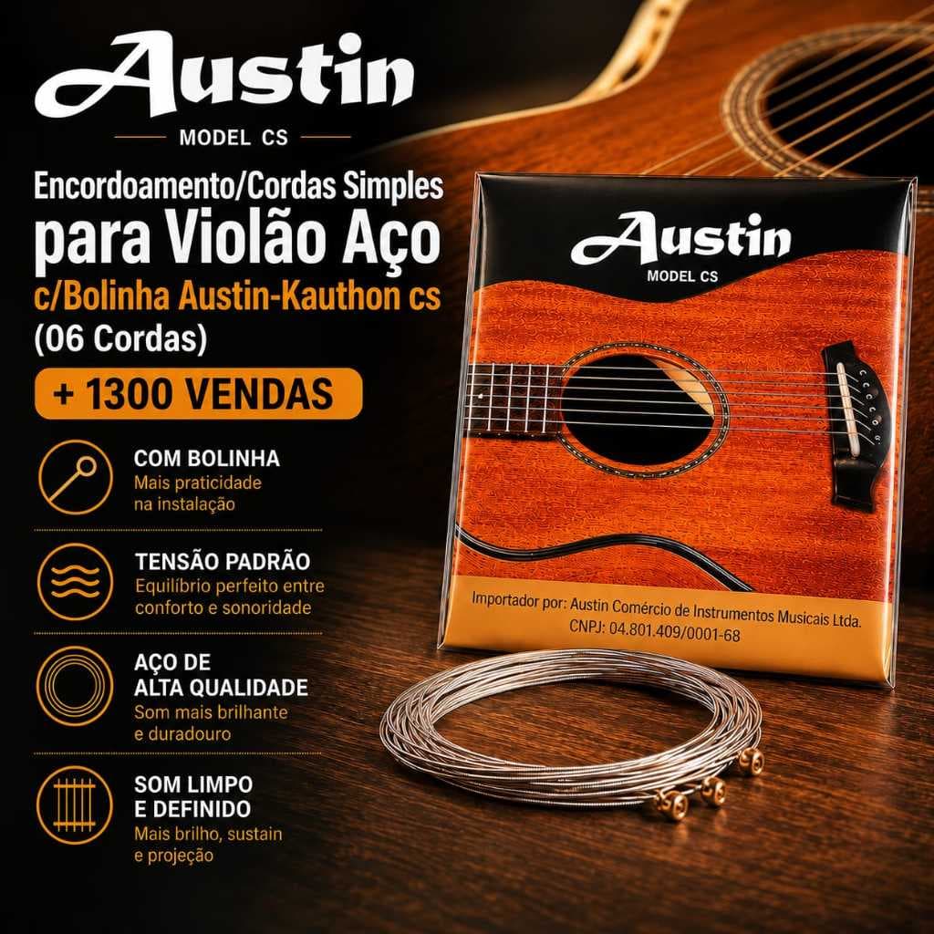 Encordoamento/Cordas Simples para Violão Aço c/Bolinha Austin-Kauthon cs (06 Cordas) + 1500 Vendas