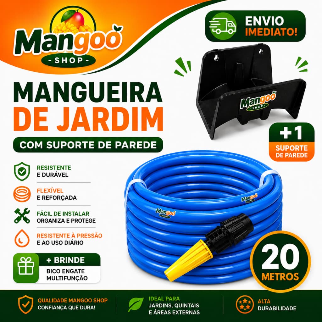 Mangueira Jardim Reforçada Lisa Flexivel  20 Metros + enrolador de Mangueira de Parede Brinde
