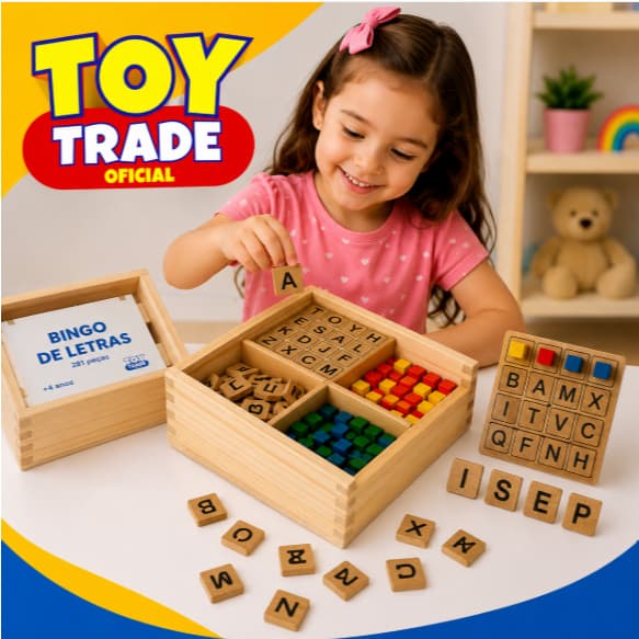 Bingo Alfabeto para Alfabetização com 281 Peças em Madeira Colorida Bingo de Letras | Toy Trade
