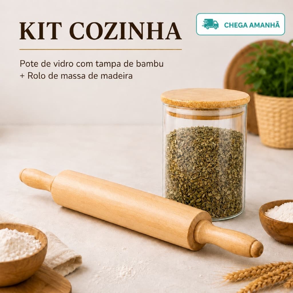 Kit Rolo De Massa De Madeira Para Massas Pizzas Pastéis e Pães + Pote De Vidro Hermético Para Artefatos De Cozinha