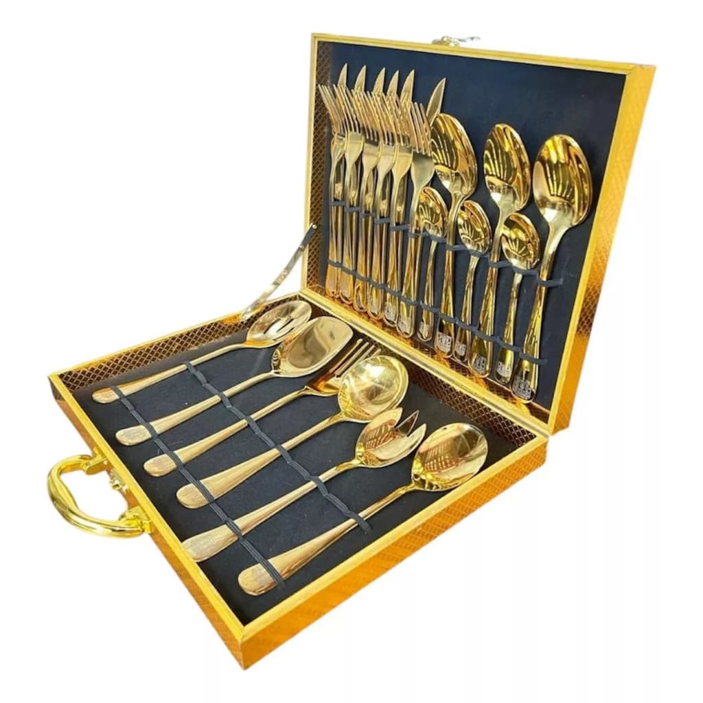 Faqueiro Luxo 30 Peças Dourado ou Prateado Garfo Colher E Faca Inox Para presente casamento