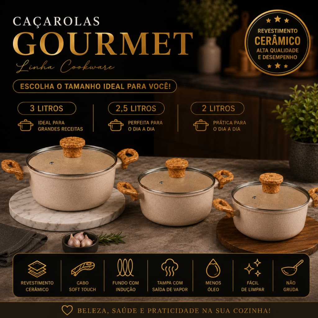 Panela Caçarola Cerâmica Gourmet com Tampa de Vidro Indução