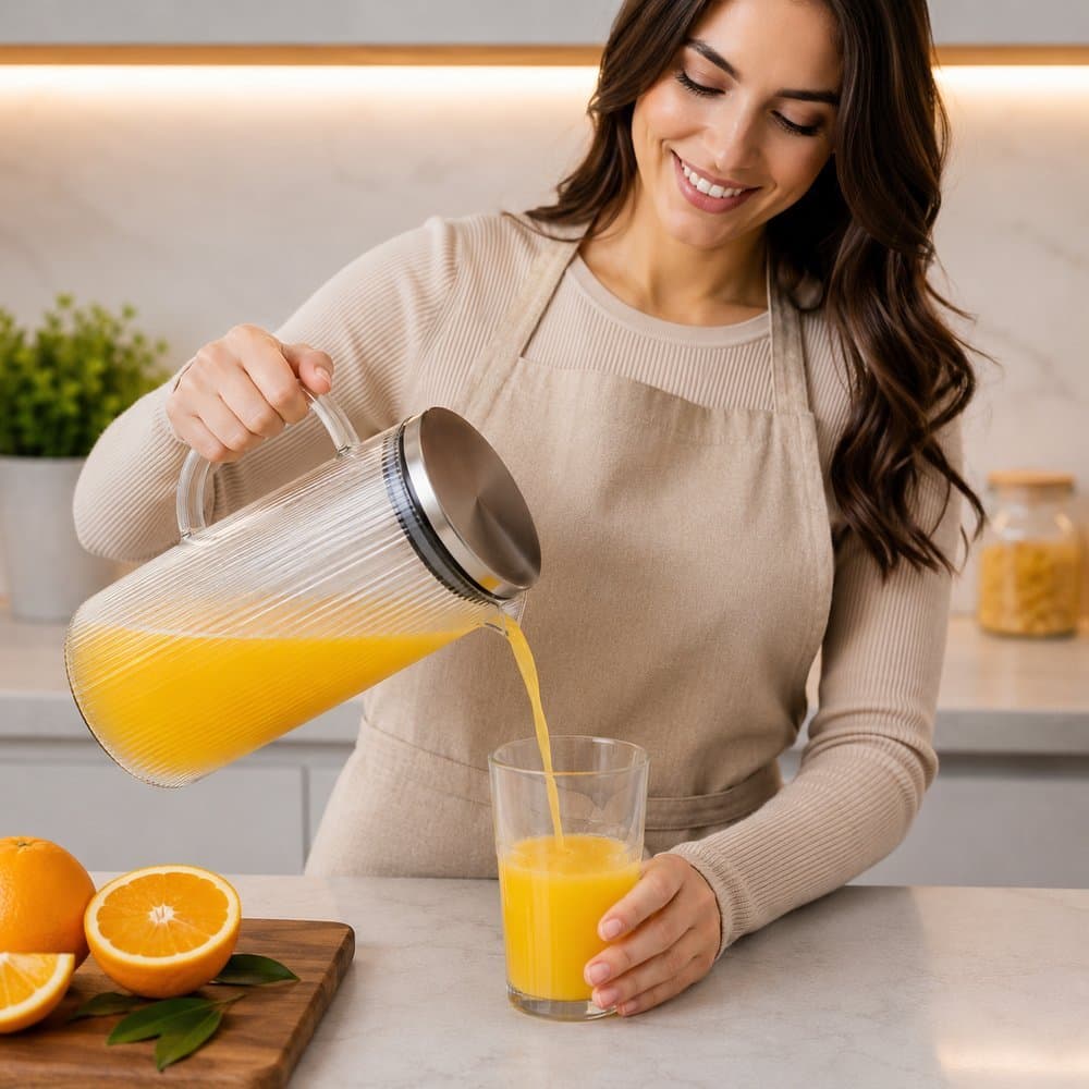 Jarra de Vidro Borossilicato 1,4L com Tampa Inox Canelada Transparente para Água Suco Chá