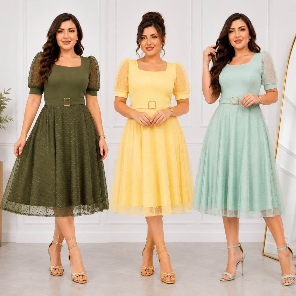 Vestido Mídi Manga Princesa tule Poa Forrado Canelado  Cinto e fivela Tendencia Casual Moda Outono