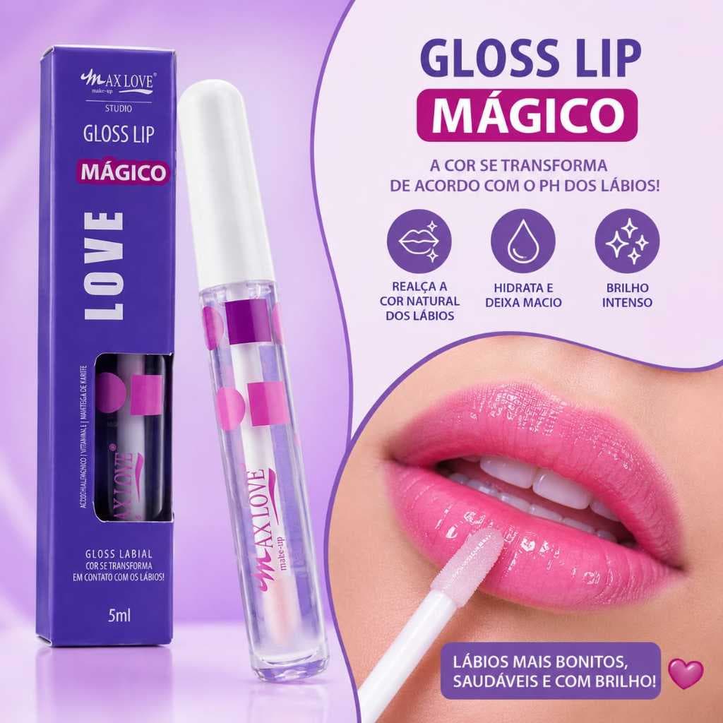 Gloss Mágico Max Love Lip Gloss Muda de Cor Hidratante Labial Brilho Longa Duração Reage ao pH dos lábios