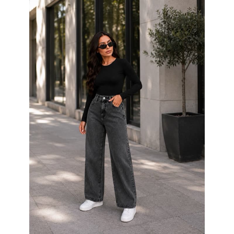 Calça Wide Leg Jeans Feminina Cor  Grafite Premium – Cintura Alta, Moderna Basica