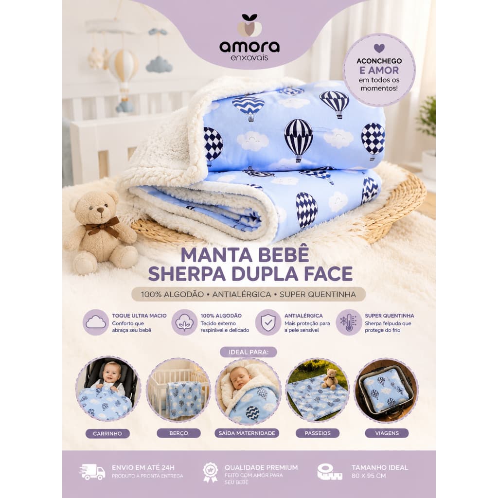 Manta Bebê Sherpa Dupla Face Antialérgica 100% Algodão Cobertor Infantil Inverno Super Macio e Quente