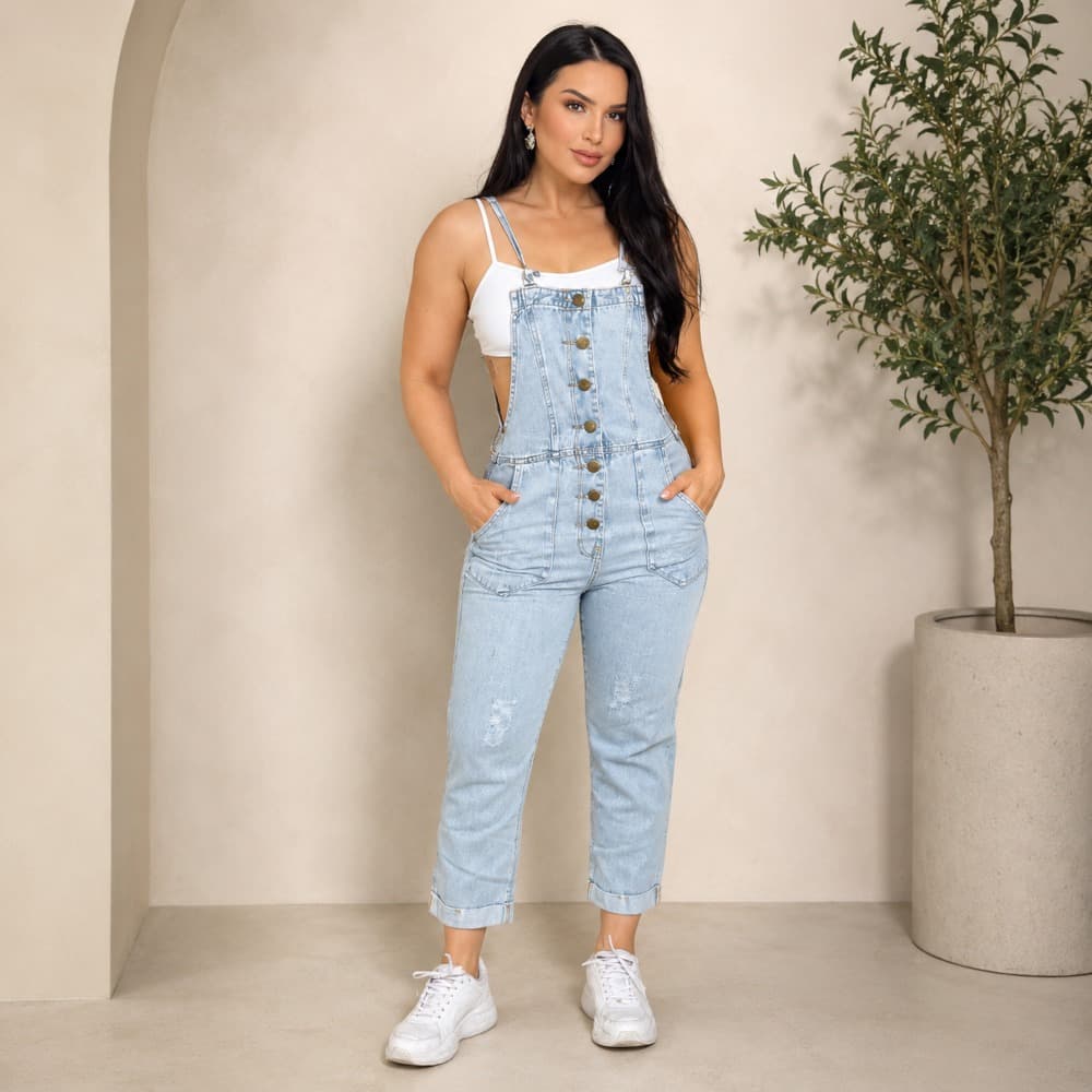 Jardineira Jeans Macacão Longo Feminino - A.Ming Jeans
