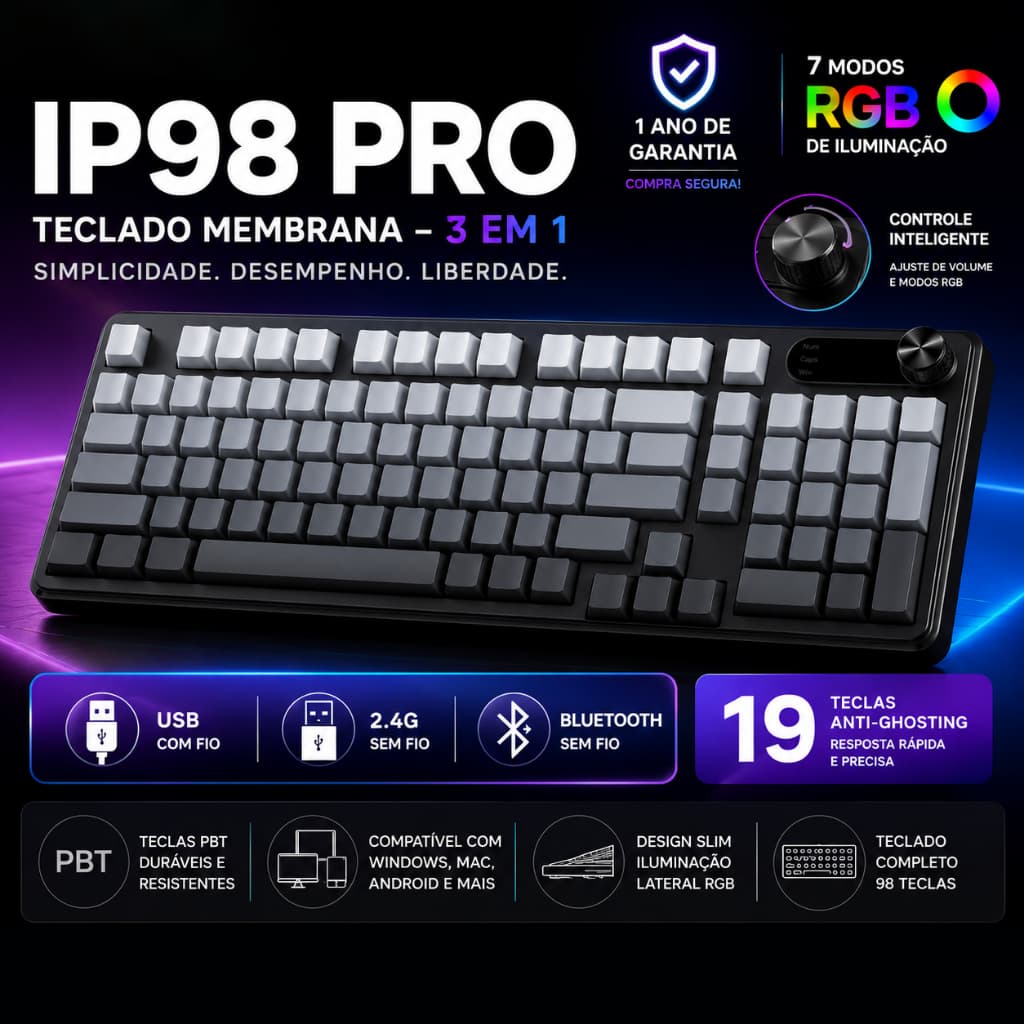 IP98/IP98 PRO Teclado Membrana BT 2.4G usb Gamer Escritório RGB Silencioso Bolllltão inteligente PBT