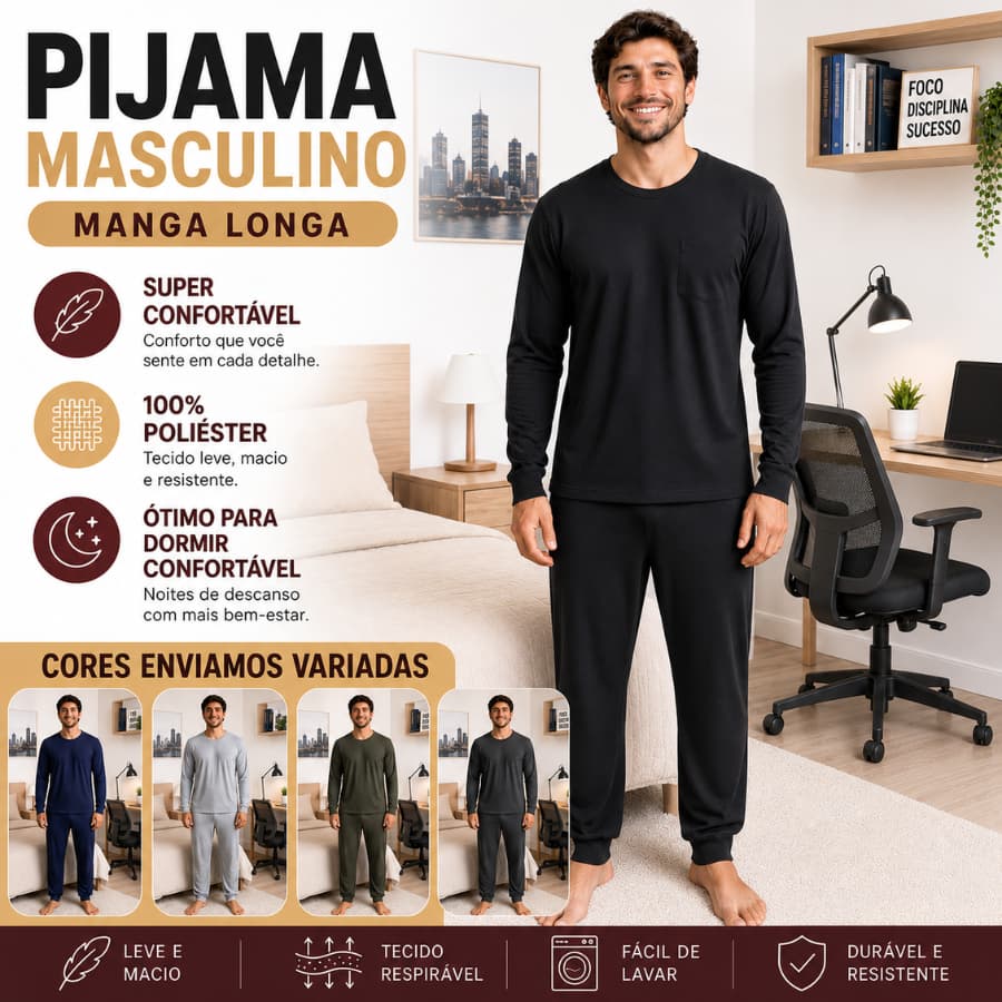 Conjunto de Pijama Masculino Adulto Manga Longa Calça em Malha Confortavel Inverno