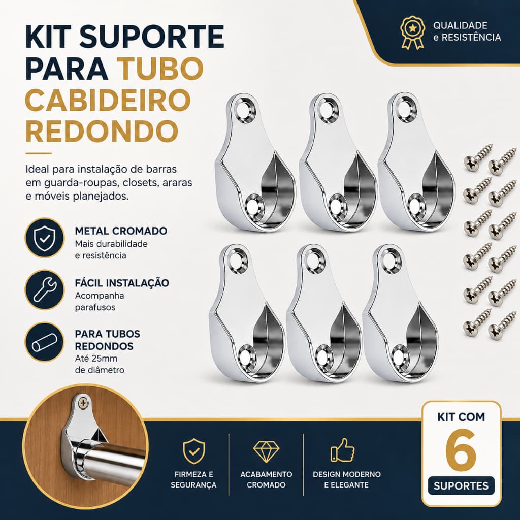 Kit 6 Suportes Cromados para Cabideiro Redondo com Parafusos