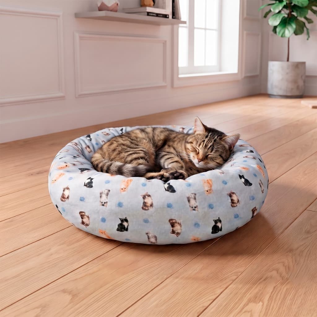 Cama Ninho Pet Redonda Plush Estampada Premium Para Gatos Pequenos Com Almofada Lavável