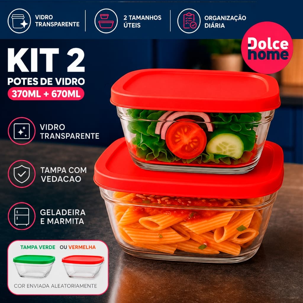 Kit Potes de Vidro de 370ML e 670ML Com Tampa e Vedação 2 Peças – Ideal para Geladeira e Marmita