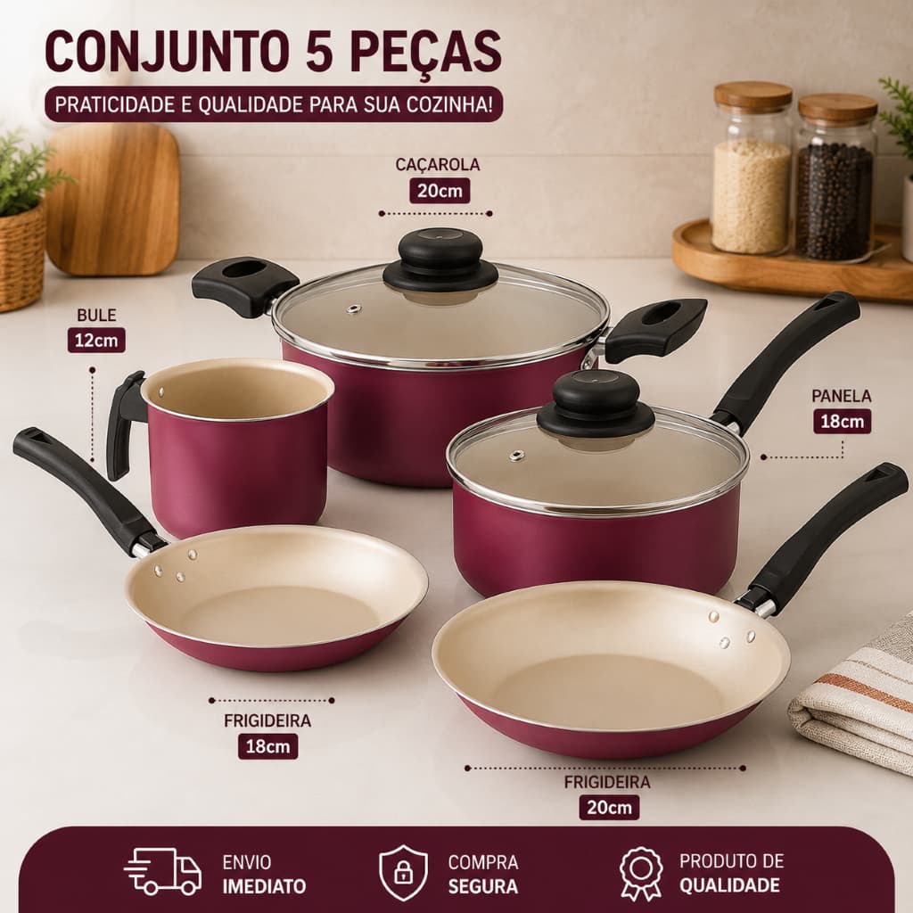 Kit 5 Panelas Cereja e Creme/ Preto Luz/ Clarity Antiaderente com Tampas de Vidro