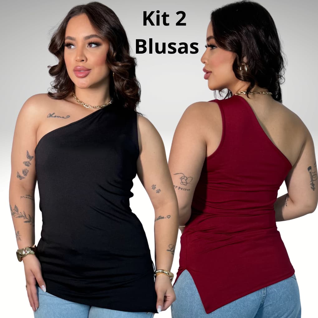 Kit 2 Blusas Ombro Só Blusa Assimétrica Elegante Fenda Lateral Moderna