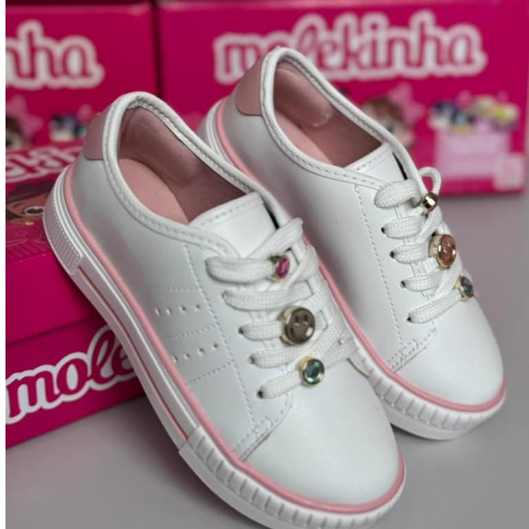 Tênis Infantil Molekinha 2565.113 Menina Original Branco Casual Moderno Confortável Leve Antiderrapante Cadarço Escola P