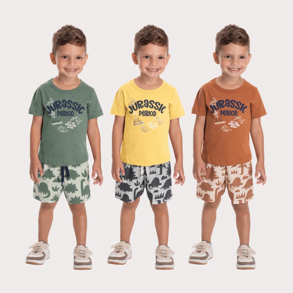 Conjunto Infantil Menino Camiseta Meia Malha e Bermuda Tactel Dino