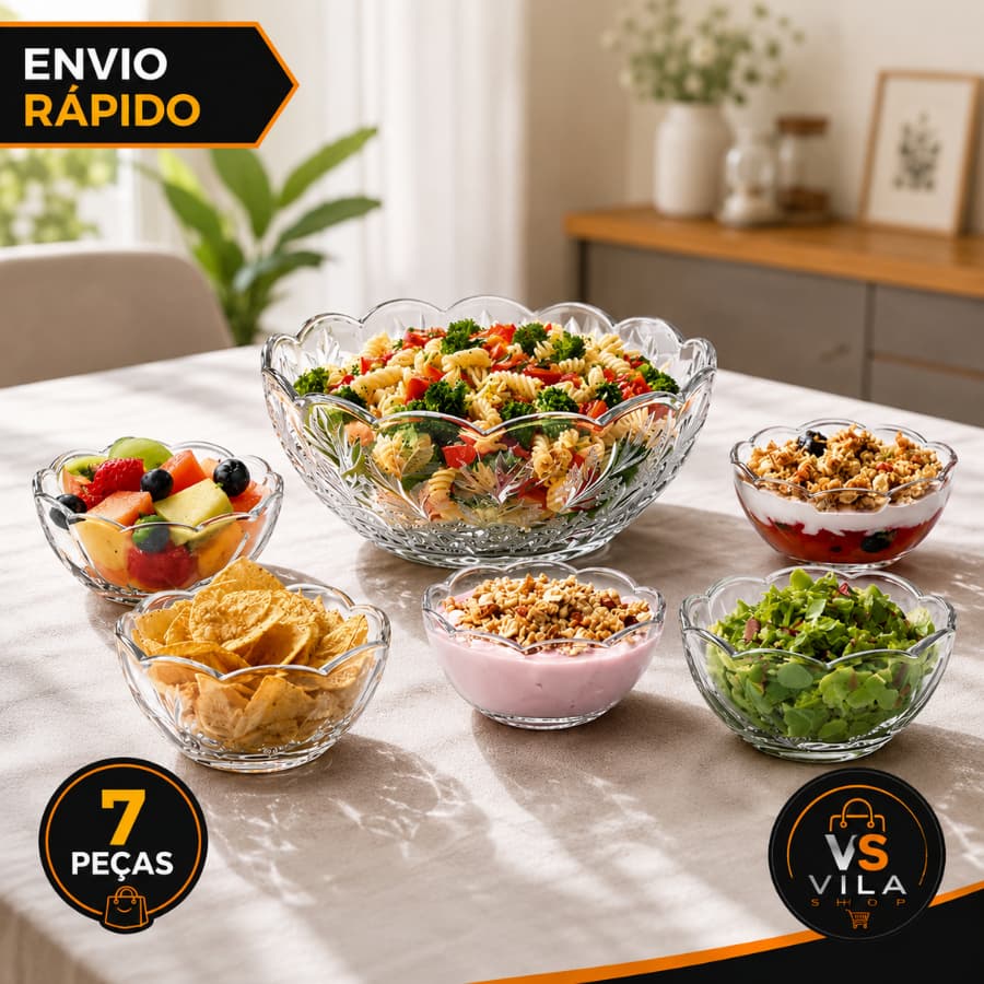 Conjunto Bowls Sobremesa Vidro Transparente Jogo 7 Peças Grande