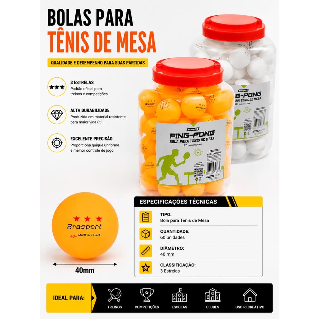Pote com 60 Bolinhas de Ping Pong 40mm 3 Estrelas para Tênis de Mesa Treinos e Jogos
