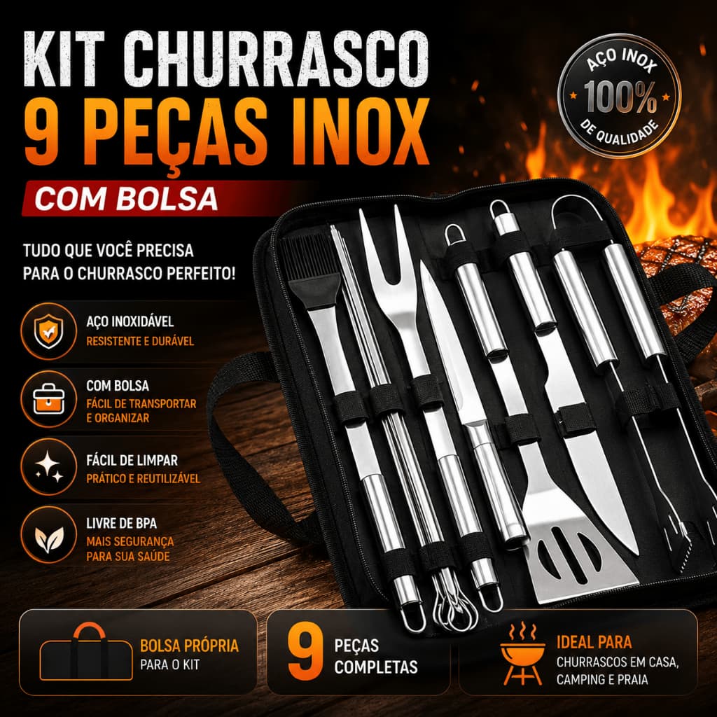 Kit Churrasco 9 Peças Inox Profissional com Bolsa Conjunto de Churrasco Aço Inox Completo Premium