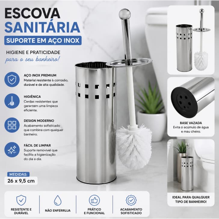 Escova Sanitária Total Limpeza Suporte em Aço- Arqplast