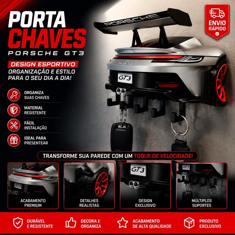 Porta Chaves Carro Esportivo GT3 Decorativo Parede Organizador 3D Premium 5 Ganchos