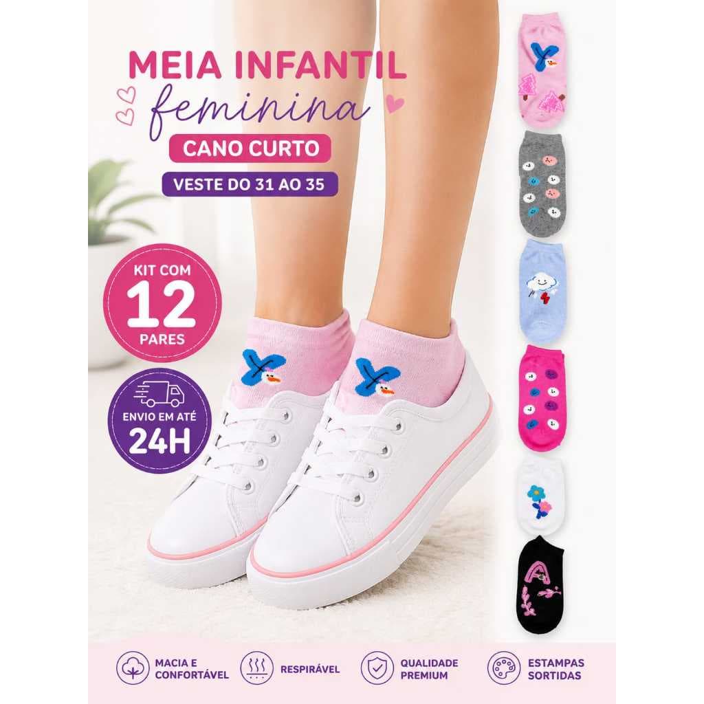 Kit 3/6/12 Pares Meia Infantil Feminina Cano Curto Soquete Estampada Algodão 31 ao 35