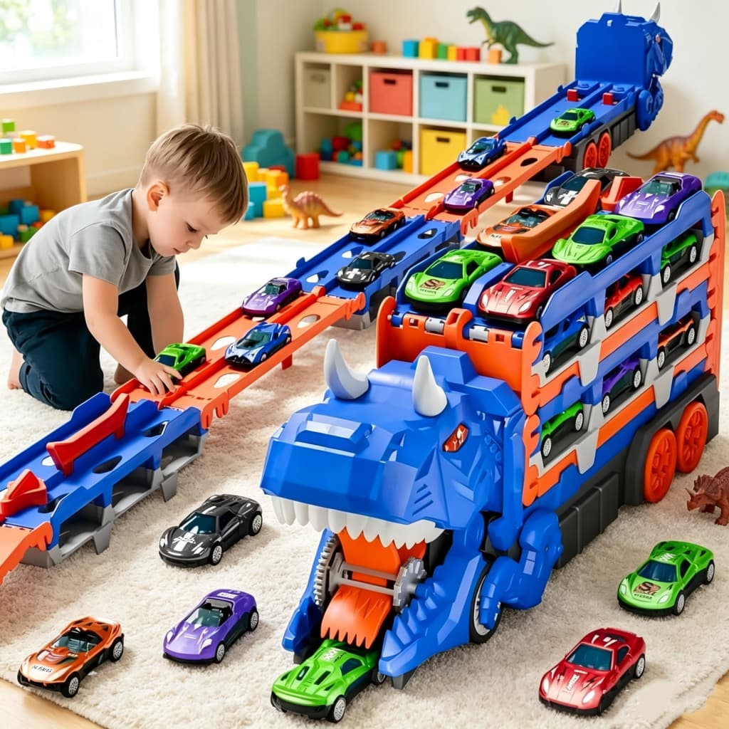 Caminhão Dinossauro T-Rex Engole Carrinhos 4 e 6 Carros Metal Transformável Pista Rampa Brinquedo Infantil
