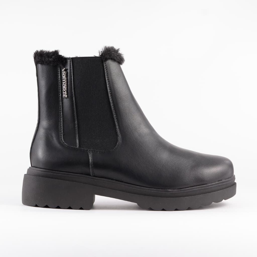Bota Feminina Cano Baixo Solado Tratorado com Pelo Sintético Estilo Coturno sem Cadarços Preto
