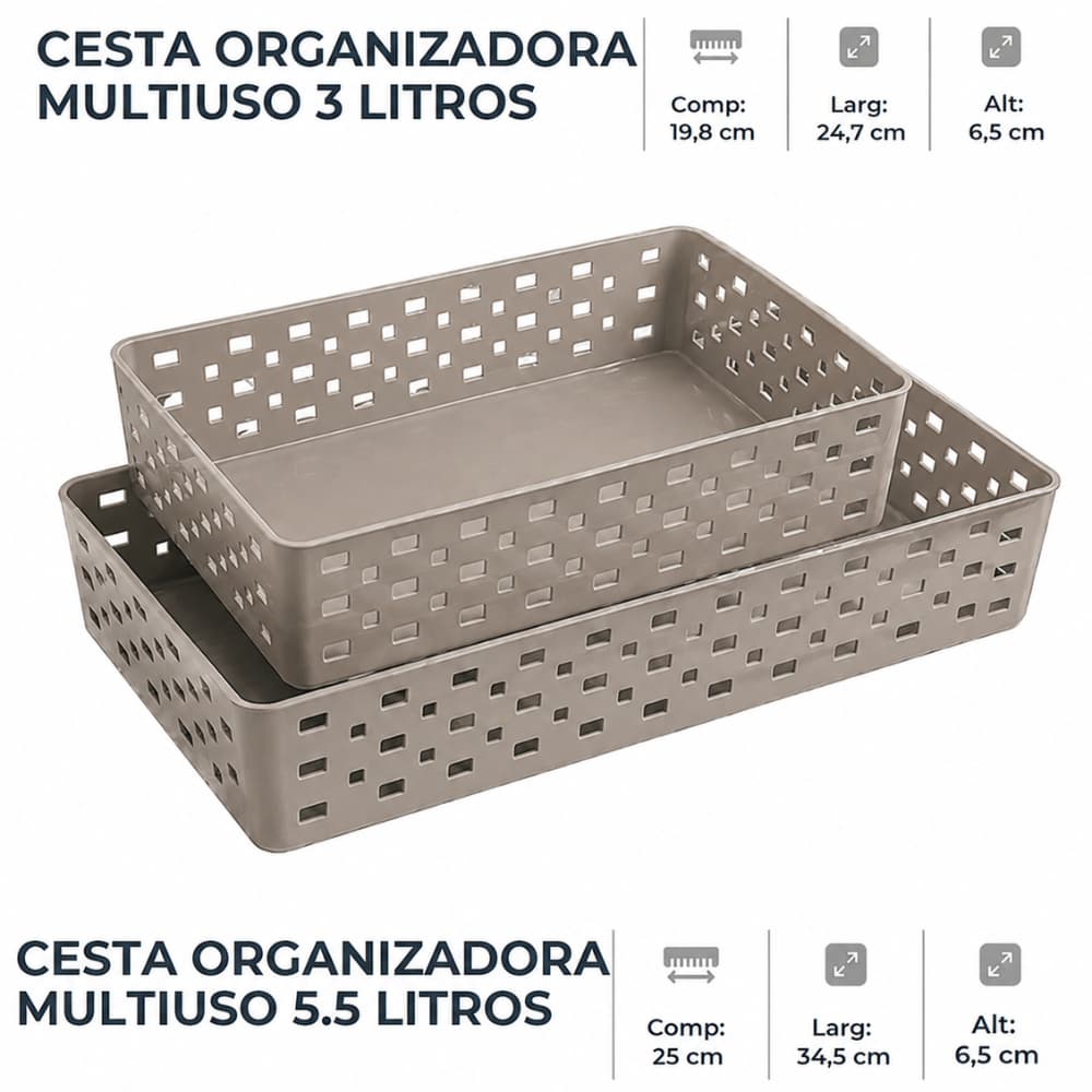 Cesta Organizadora Kit 2 ou 3 Unidades Reforçada Cinza Cozinha Quarto Sala Banheiro