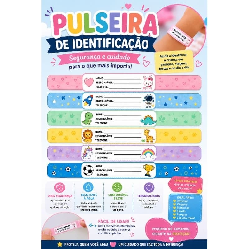 Pulseira de Identificação Infantil Personalizada – Mais segurança para quem você mais ama!