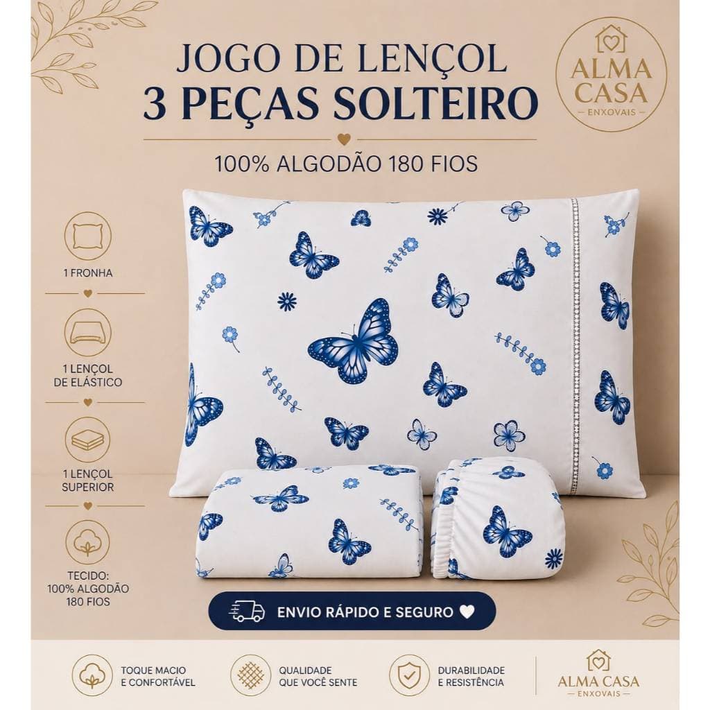 KIT SOLTEIRO JOGO DE LENÇOL SOLTEIRO 3 PEÇAS MAIS LENÇOL SUPERIOR 100% ALGODÃO 180 FIOS TOQUE PREMIUM MACIO