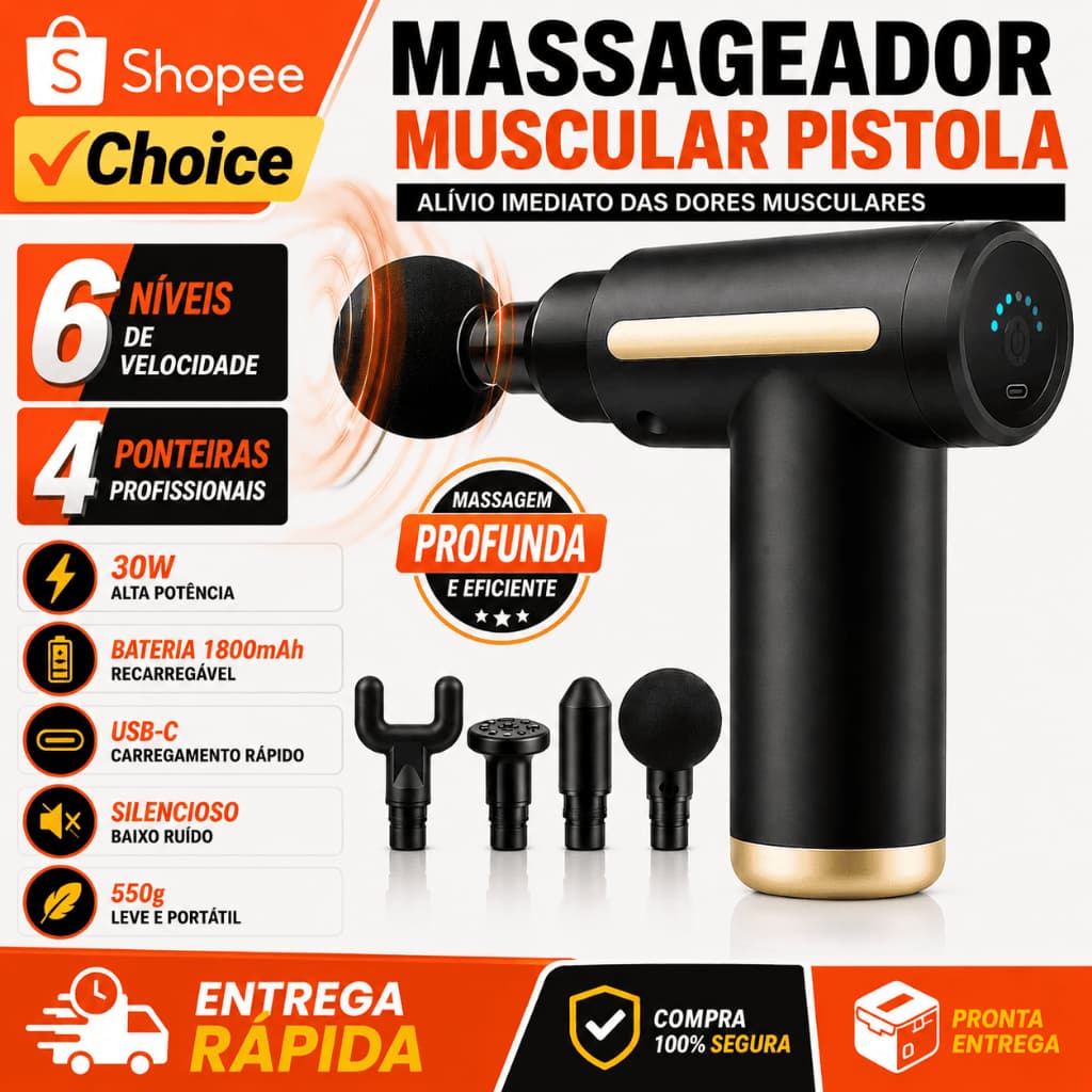 ✨ Massageador Muscular Pistola Massage Gun Portátil Recarregável USB-C 6 Velocidades Alívio de Dor
