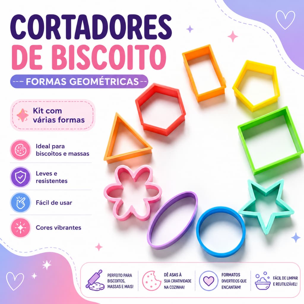 Kit 9 Cortadores de Biscoito Formas Geométricas para Cookies, Massas e Pasta Americana