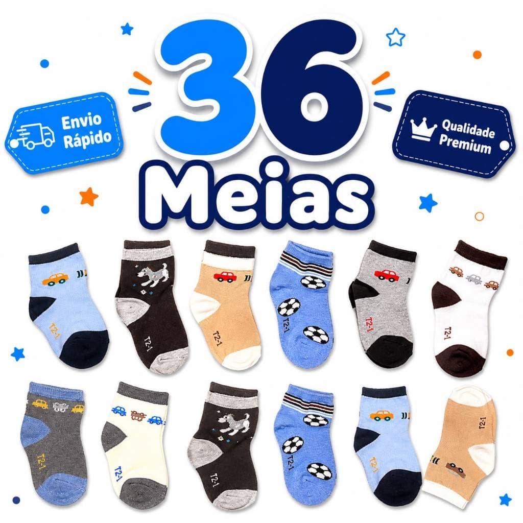 Kit 3 a 18 Pares Meias Infantis Masculinas Antiderrapantes Tamanhos 0 a 8 Confortáveis e Estampas Sortidas