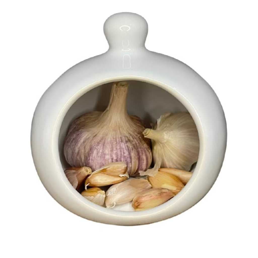 Porta Alho de Cerâmica Branco Organizador para Cozinha