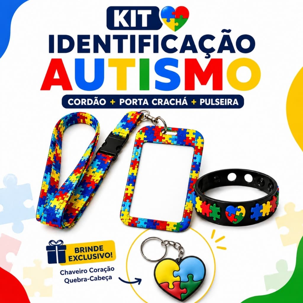 Kit Identificação Autismo Unissex Completo Cordão + Porta Crachá + Pulseira TEA + Chaveiro