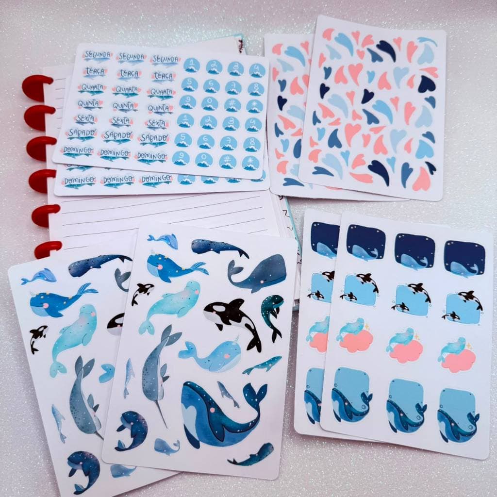 Kit 8 Cartelas de Adesivos Para Planner/Bullet Journal Baleias Kawaii Mar Semana Coração