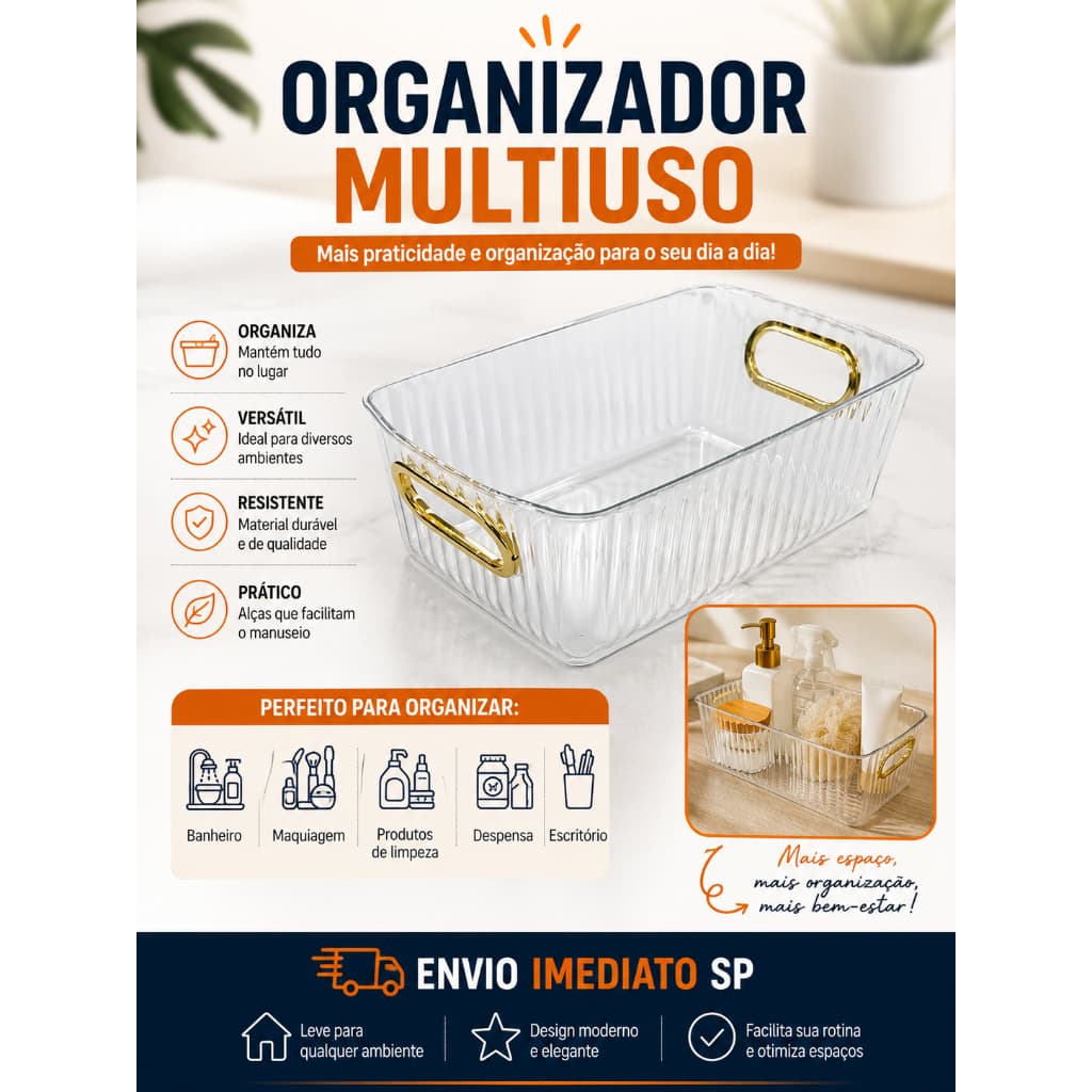 Organizador Multiuso Transparente com Alças Douradas | Organizador para Banheiro, Cozinha, Geladeira,  Maquiagens