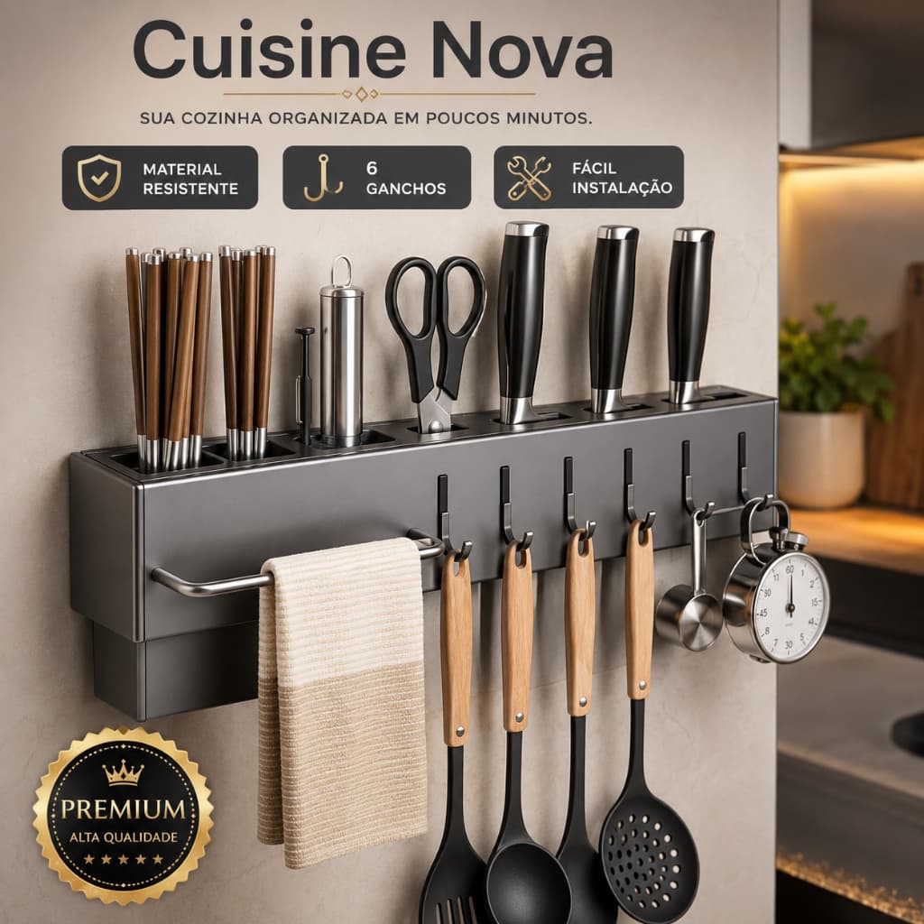 Suporte Organizador de Utensílios de Cozinha 6 Ganchos Parede Porta Talheres Cinza Resistente Cuisine Nova