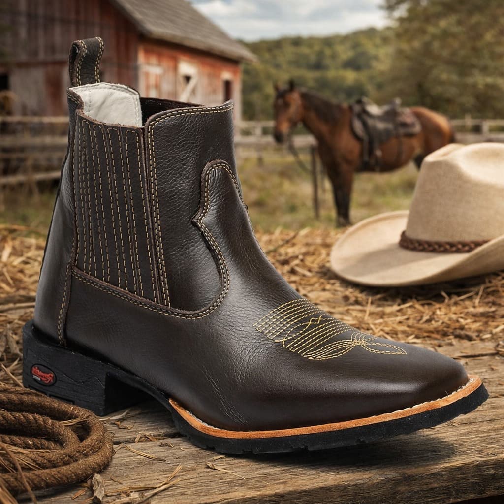 Bota Texana Masculina com Couro Legítimo e Bordado em Marrom