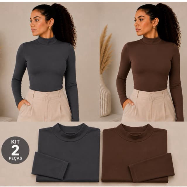 Kit 2 Blusas Femininas Blusa Baby Tee Academia Manga Longa Malha Romantic Premium P ao GG