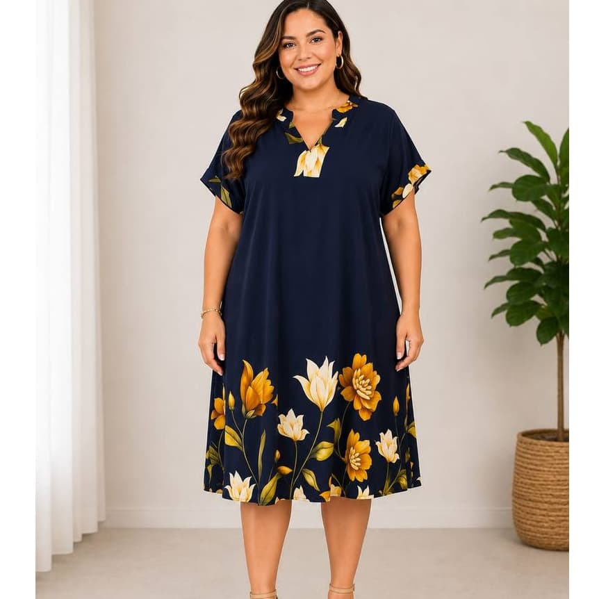 Vestido Chemise Feminino Plus Size Viscolinho Gola V Manga Japonesa GG ao G2 Várias Estampas