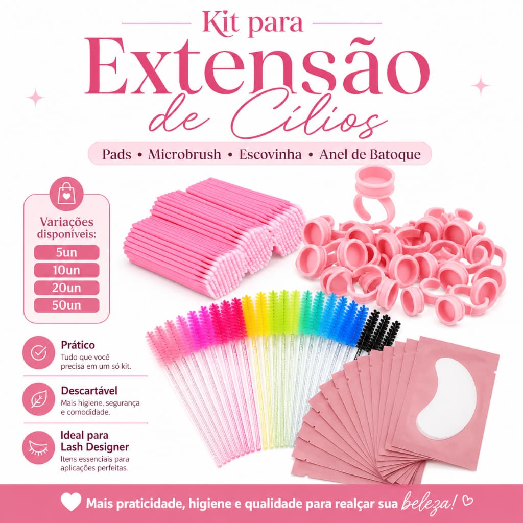 Kit Microbrush Escovinhas de Cílios Anel Batoque e Pads em Gel Para Alongamento de Cílios