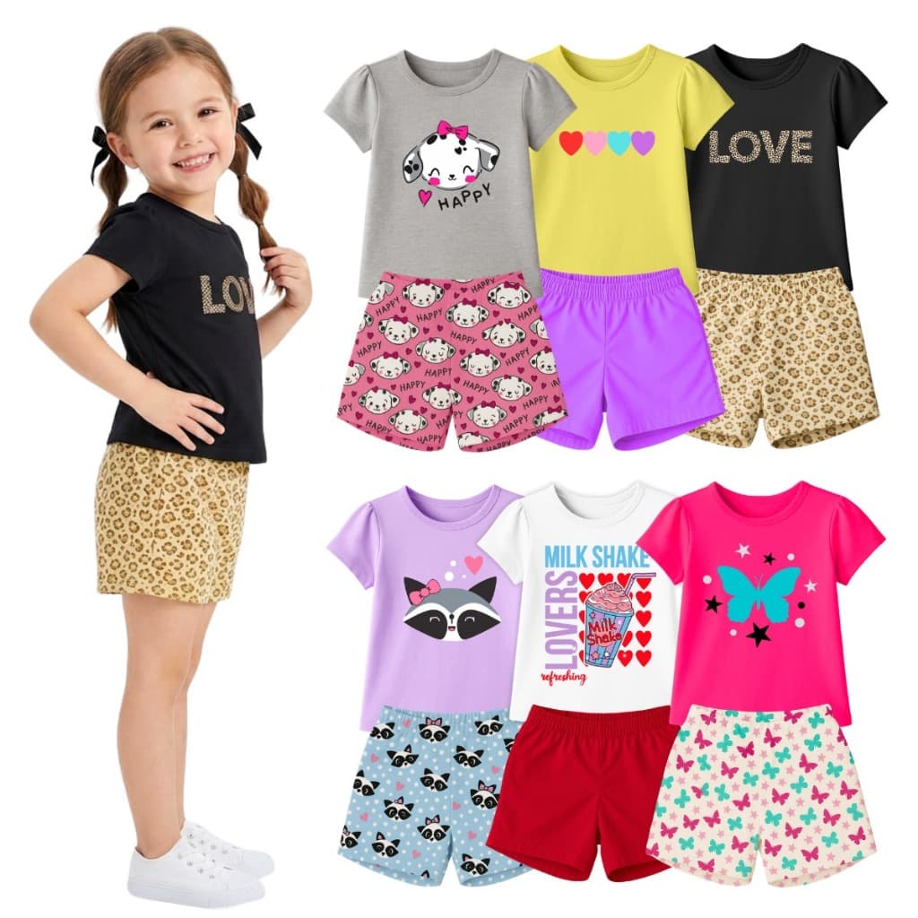 Kit Conjunto Moda Infantil Menina Verão 6 Camisetas 3 Shorts