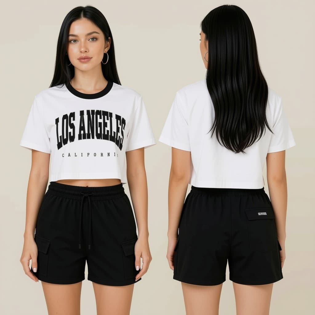Kit Feminino Camiseta Cropped Los Angeles  Short de Moletom