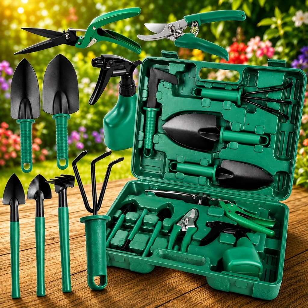 Kit Para Jardinagem Jardim Jogo Ferramentas Grama Corta Galhos Maleta Pás Poda 10 Peças Com Maleta Promoção
